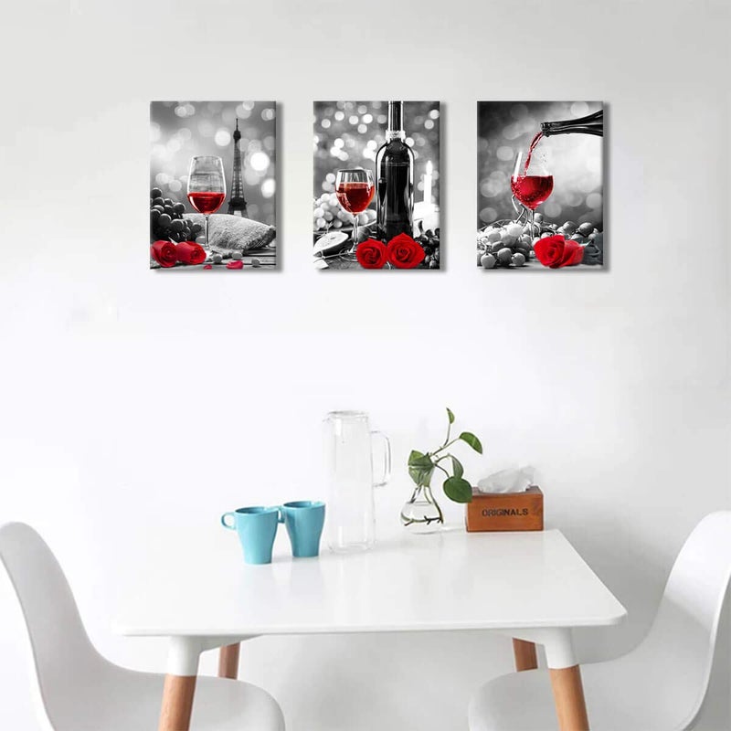 KAKEMONO Wine Decor Kitchen Canvas Art Red Wine Rose Artwork for Home Walls Black and White With Red Wine Painting Printed Rose Art Dining Room Decor Red Kitchen Pictures Wall Decor Stretched 12x16inches x3pcs - Image 5